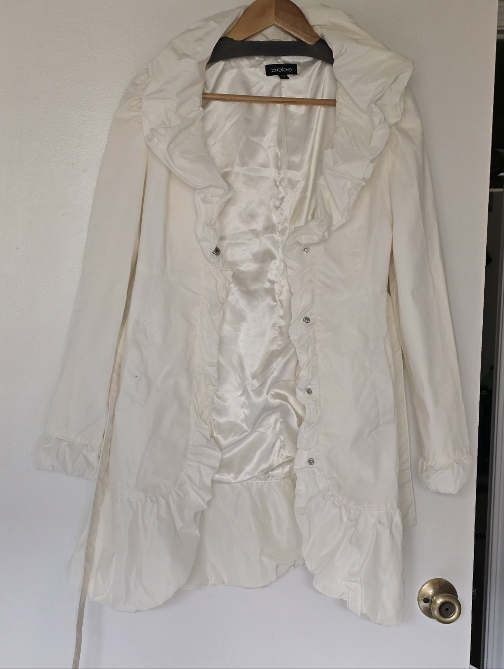 Bebe Ivory Ruffle-Trimmed Trench Coat with Belt Size Small, Like New. - Picture 17 of 17